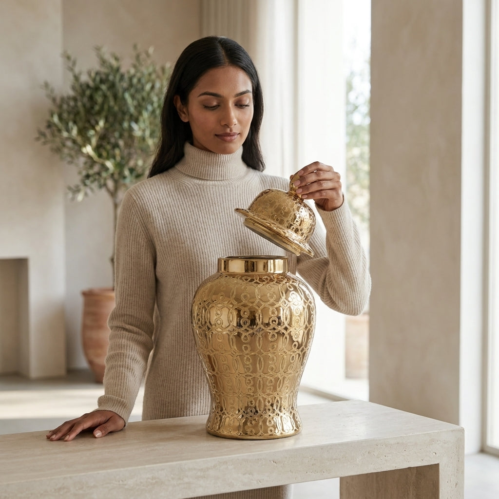 Hudson Gold Ceramic Scroll Ginger Jar (Multiple sizes) – Noori Rug
