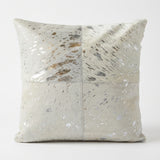 Dakota Luxury Metallic Cowhide Patchwork Pillow – Natural Ivory & Silver Splatter