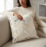Ashen Luxury Metallic Cowhide Chevron Pillow – Natural Ivory & Silver Splatter