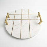Zoe Round Marble White Tray with Gold Handles and Inlay Strips (16"x16"x2.5")