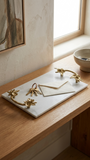 Claire Gold Floral Handle Rectangle White Marble Tray (15"x9"x2.5")
