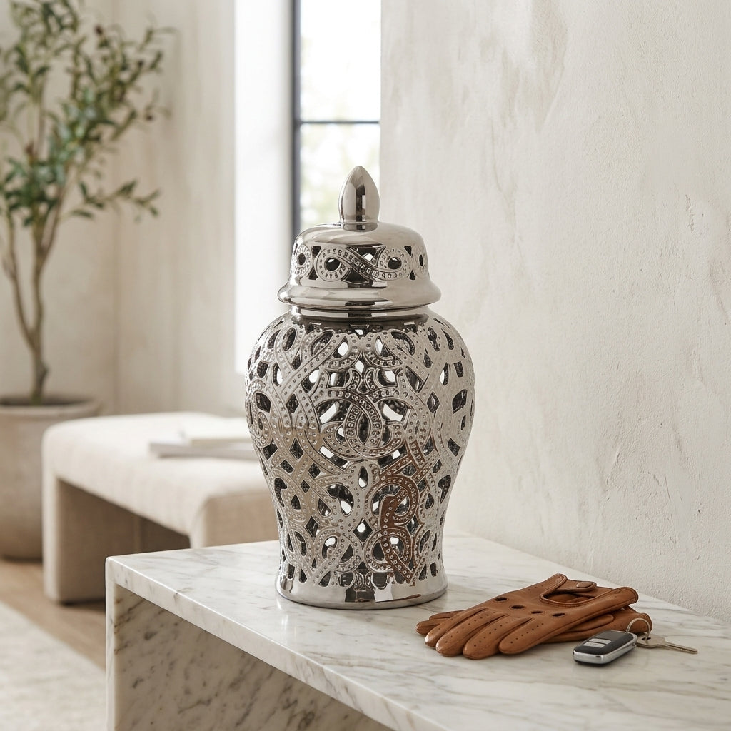 Hudson White Ceramic Scroll Ginger Jar (Multiple sizes) – Noori Rug