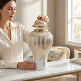 Eliott White/ Gold Ginger Jar 12"X 6" X6"