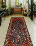 Fine VTG Abzari Red/Navy Runner, 3'3" x 8'6"