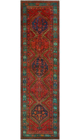 Fine VTG Henrry Red/Green Runner, 3'4" x 12'4"