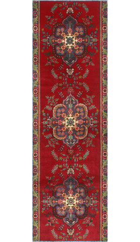 Fine VTG Husayn Red/Grey-Blue Runner, 3'2" x 10'6"