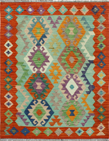 Sangat Rihab Green/Red Rug, 3'5" x 4'7"