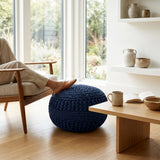 Amelia Round Hand-Woven Upholstered Pouf, Navy