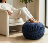 Amelia Round Hand-Woven Upholstered Pouf, Navy