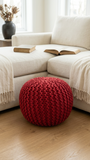 Miya Round Hand-Woven Upholstered Pouf Ottoman, Red