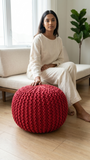 Miya Round Hand-Woven Upholstered Pouf Ottoman, Red