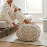 Sadie Boho Beige Geometric Macrame Pouf Ottoman