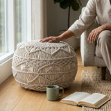 Sadie Boho Beige Geometric Macrame Pouf Ottoman