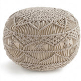 Sadie Boho Beige Geometric Macrame Pouf Ottoman