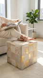 Gold Foil Hide Pouf Flynn, Ivory (18"x18"x18")