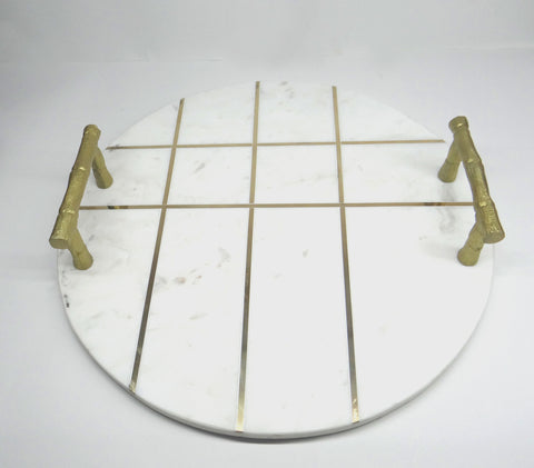Zoe Round Marble White Tray with Gold Handles and Inlay Strips (16"x16"x2.5")