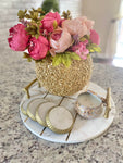 Zoe Round Marble White Tray with Gold Handles and Inlay Strips (16"x16"x2.5")