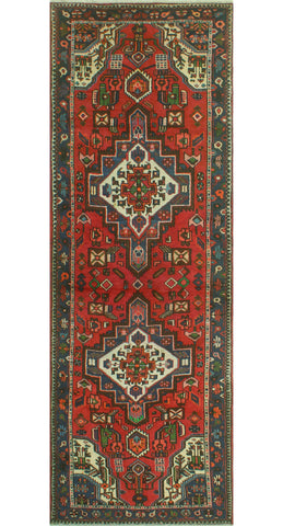 Vintage Bousseh Red/Ivory Runner, 3'3" x 9'8"