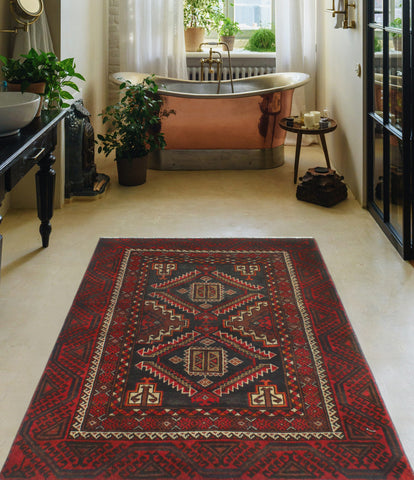 Vintage Aelfwine Charcoal/Red Rug, 3'2" x 4'1"