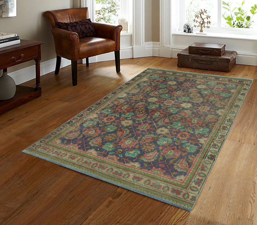 Blue Chess Rug Vintage Chess Ink Blue/Green Rug, 2'11 x 4'4 – Noori Rug